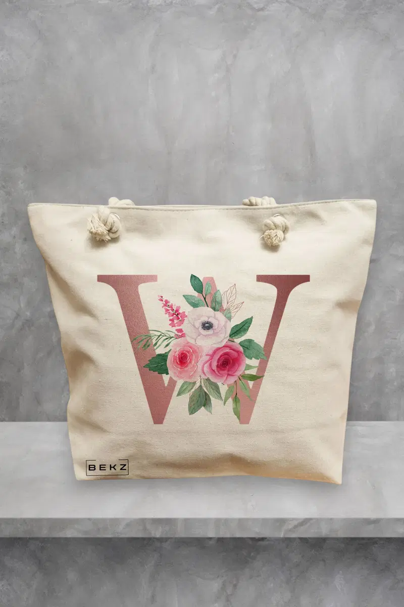 Geanta de Plaja Canvas Tote pentru femei, Cu litera W Rose Gold si Trandafiri, 40x51 cm, Bej, BEKZ®