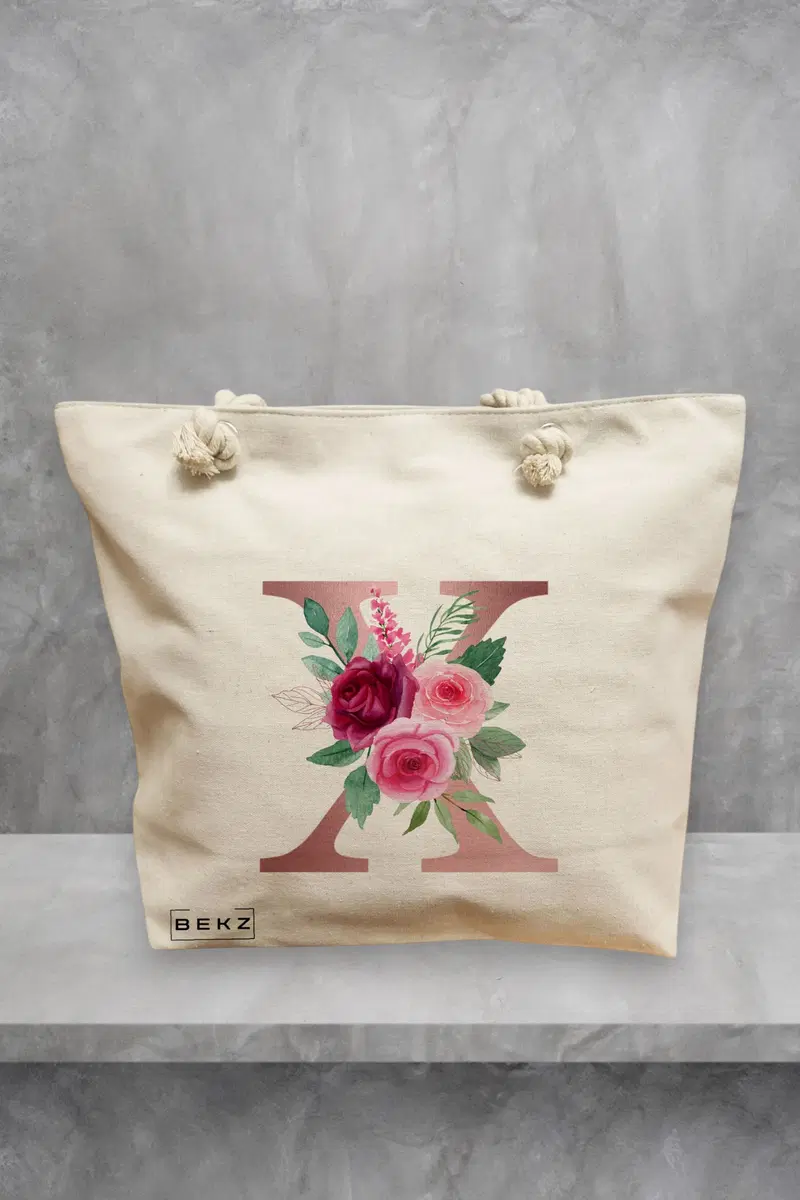 Geanta de Plaja Canvas Tote pentru femei, Cu litera X Rose Gold si Trandafiri, 40x51 cm, Bej, BEKZ®