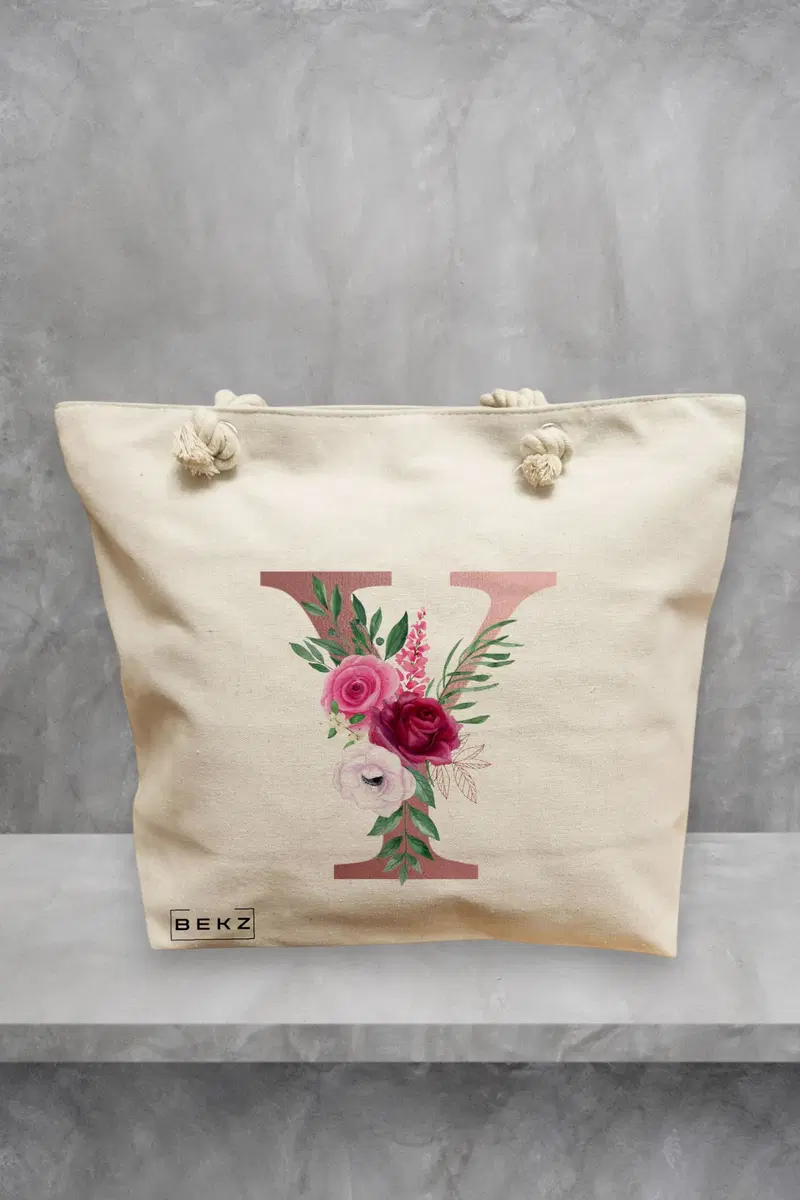 Geanta de Plaja Canvas Tote pentru femei, Cu litera Y Rose Gold si Trandafiri, 40x51 cm, Bej, BEKZ®
