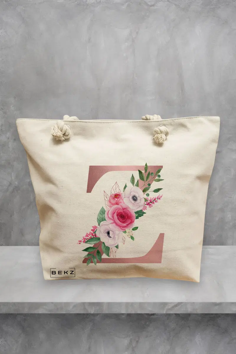 Geanta de Plaja Canvas Tote pentru femei, Cu litera Z Rose Gold si Trandafiri, 40x51 cm, Bej, BEKZ®