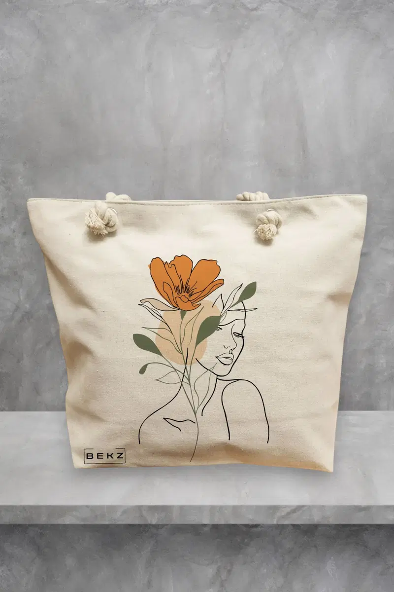 Geanta de Plaja Canvas Tote pentru femei, Flower Lady 1, 40x51 cm, Bej, BEKZ®