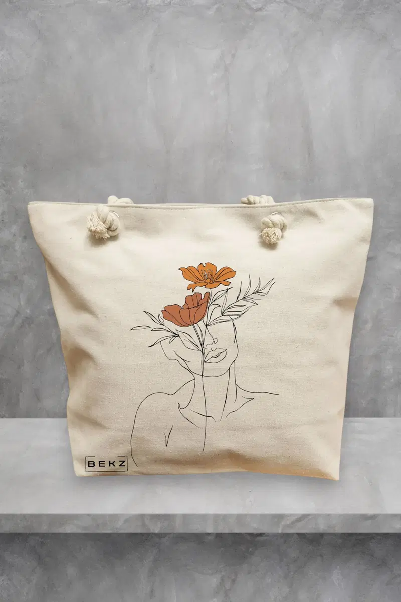 Geanta de Plaja Canvas Tote pentru femei, Flower Lady 2, 40x51 cm, Bej, BEKZ®