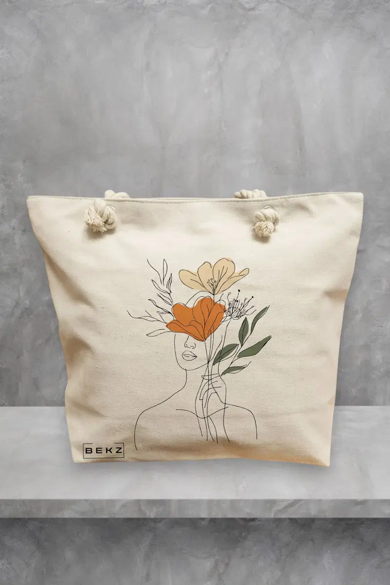 Geanta de Plaja Canvas Tote pentru femei, Flower Lady 3, 40x51 cm, Bej, BEKZ®