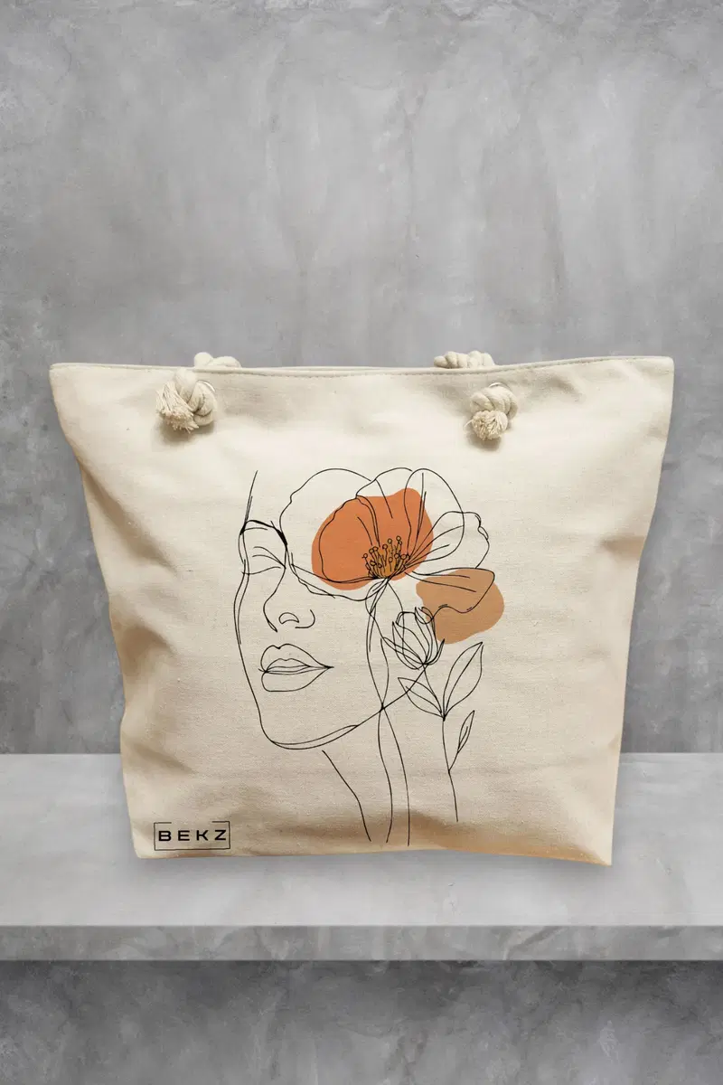 Geanta de Plaja Canvas Tote pentru femei, Flower Lady 4, 40x51 cm, Bej, BEKZ®