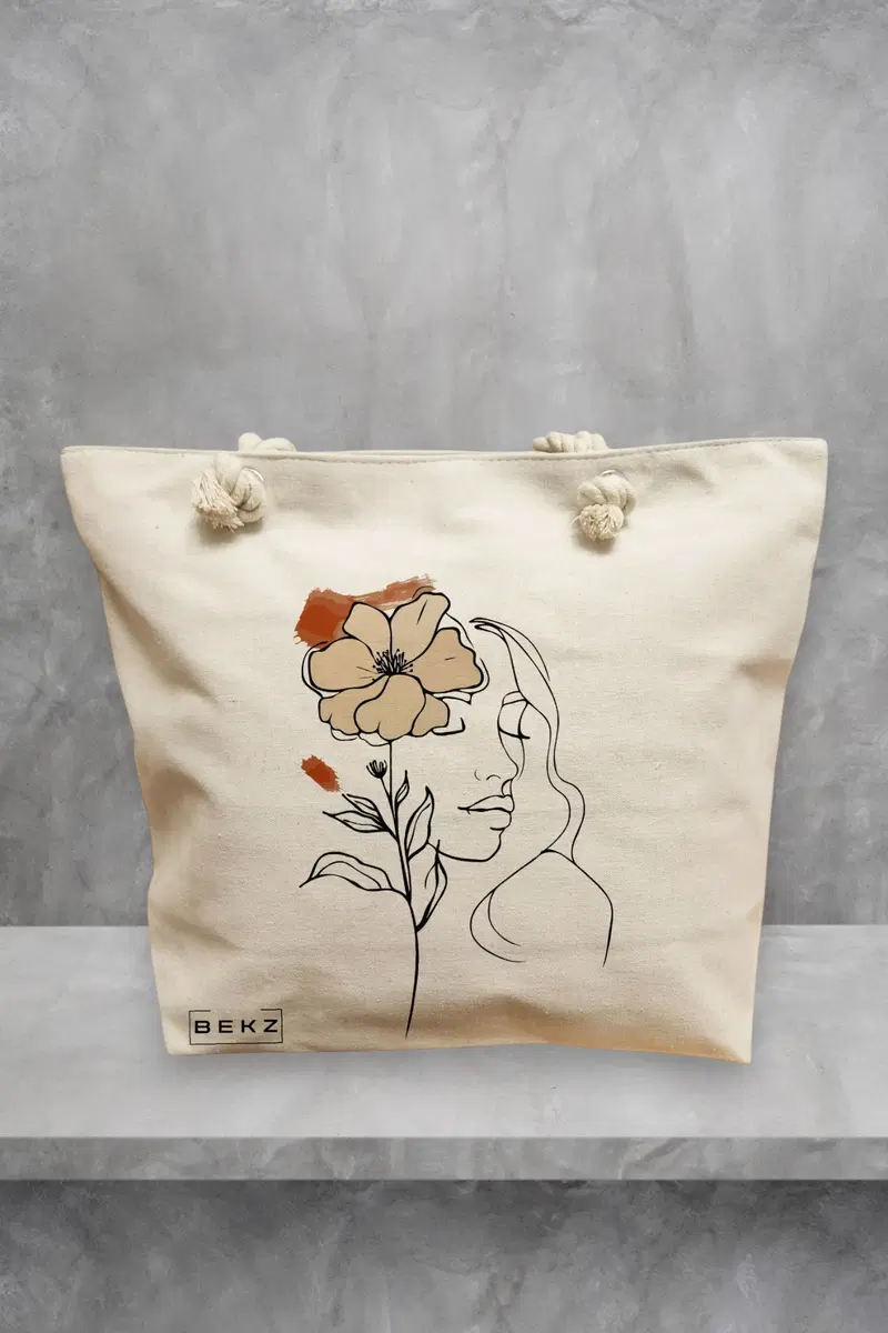 Geanta de Plaja Canvas Tote pentru femei, Flower Lady 5, 40x51 cm, Bej, BEKZ®