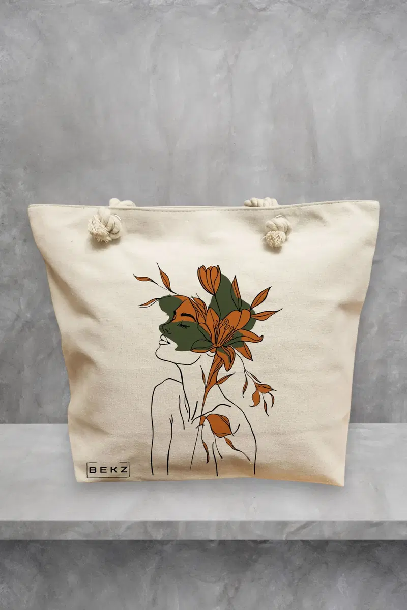 Geanta de Plaja Canvas Tote pentru femei, Flower Lady 6, 40x51 cm, Bej, BEKZ®