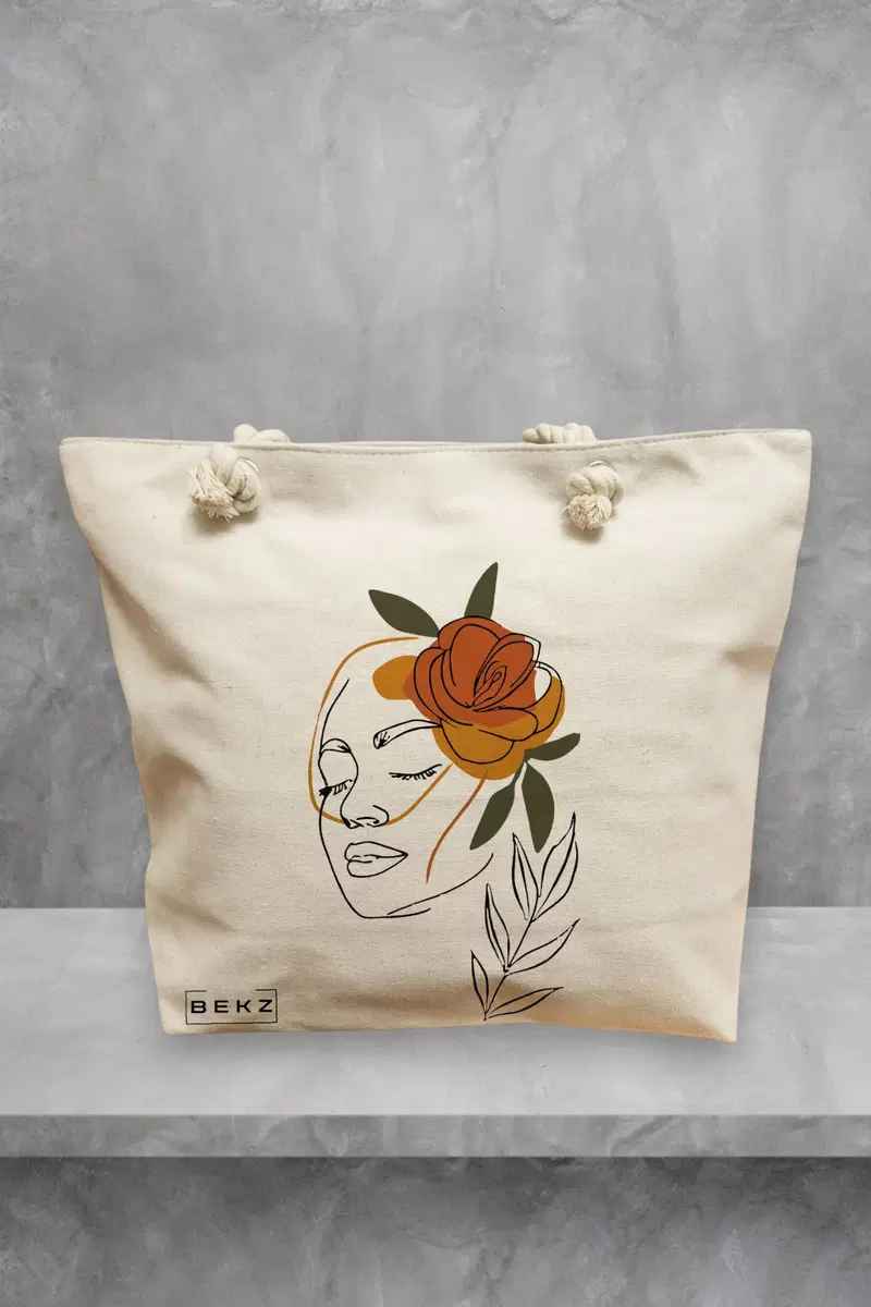 Geanta de Plaja Canvas Tote pentru femei, Flower Lady 7, 40x51 cm, Bej, BEKZ®