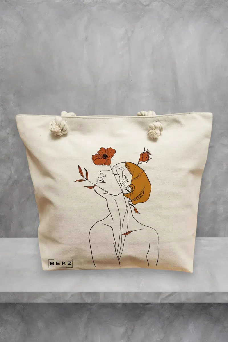 Geanta de Plaja Canvas Tote pentru femei, Flower Lady 8, 40x51 cm, Bej, BEKZ®