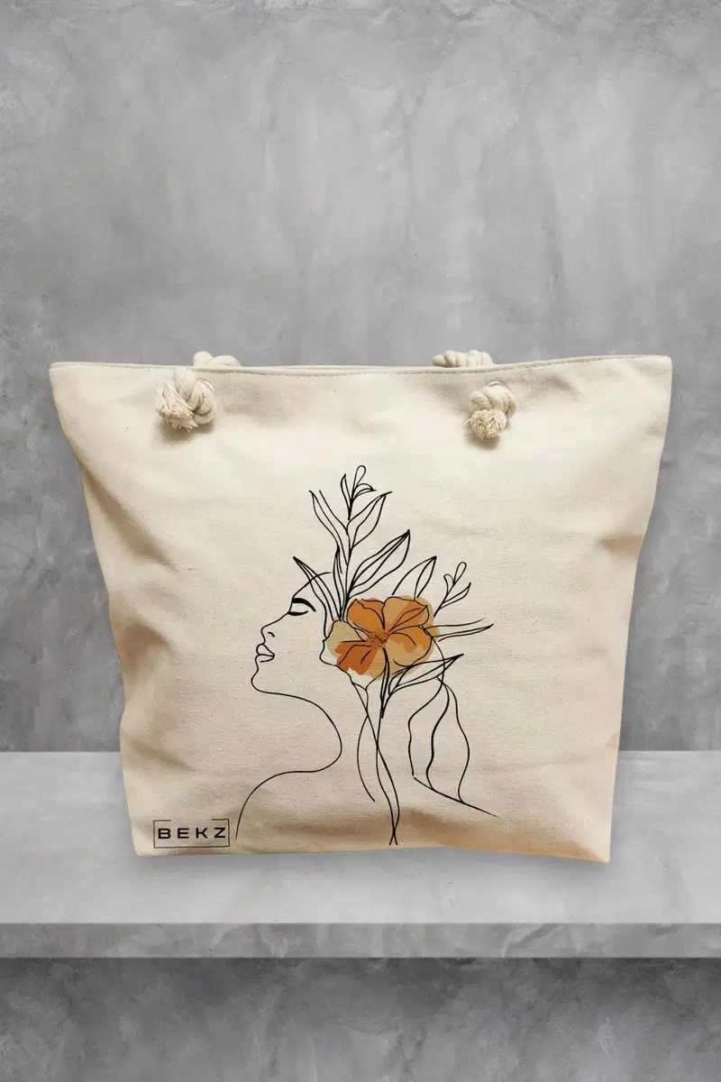 Geanta de Plaja Canvas Tote pentru femei, Flower Lady 9, 40x51 cm, Bej, BEKZ®