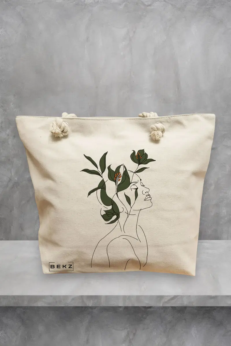 Geanta de Plaja Canvas Tote pentru femei, Flower Lady 10, 40x51 cm, Bej, BEKZ®