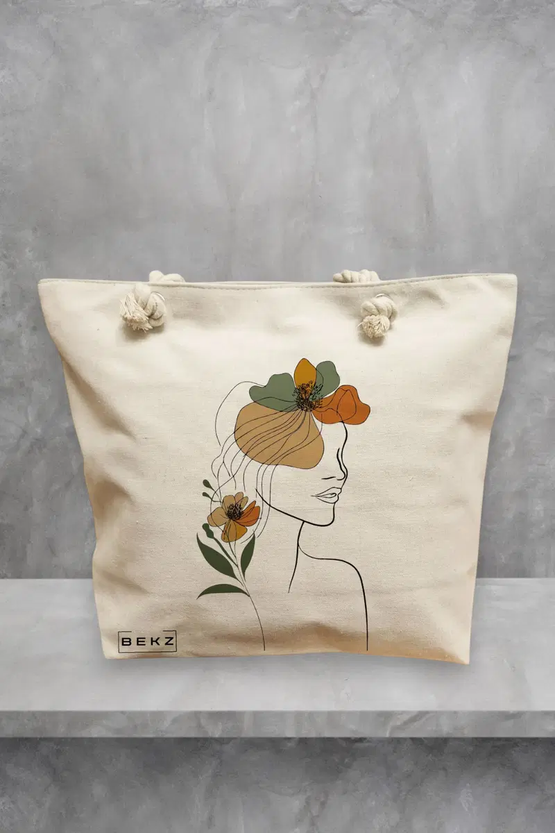 Geanta de Plaja Canvas Tote pentru femei, Flower Lady 11, 40x51 cm, Bej, BEKZ®