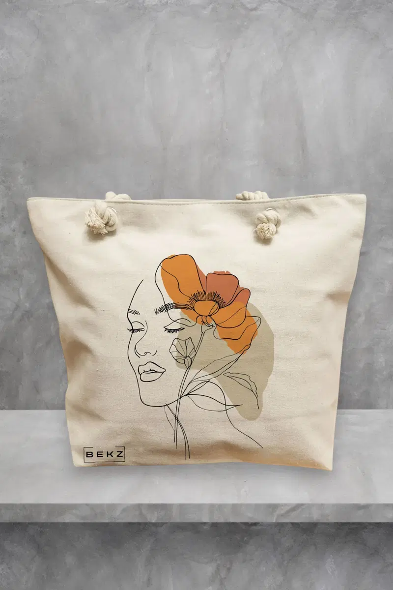 Geanta de Plaja Canvas Tote pentru femei, Flower Lady 12, 40x51 cm, Bej, BEKZ®