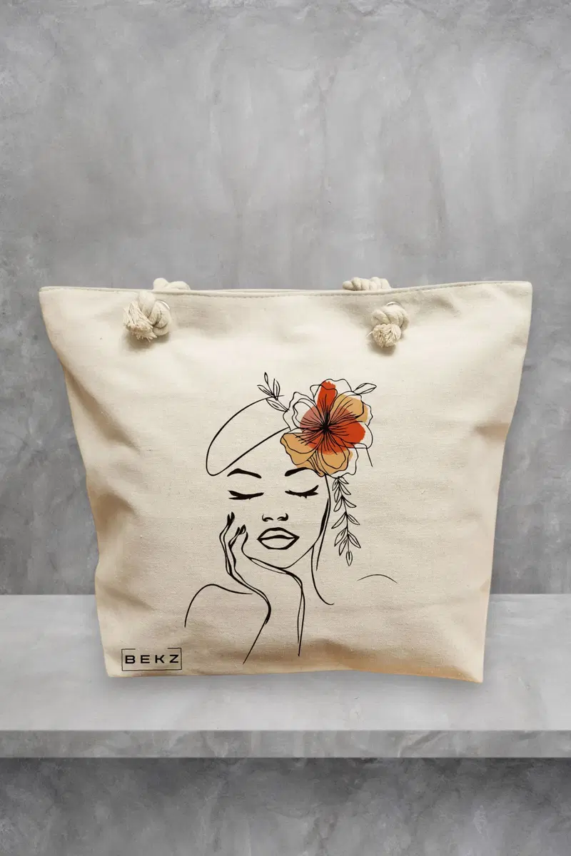 Geanta de Plaja Canvas Tote pentru femei, Flower Lady 13, 40x51 cm, Bej, BEKZ®