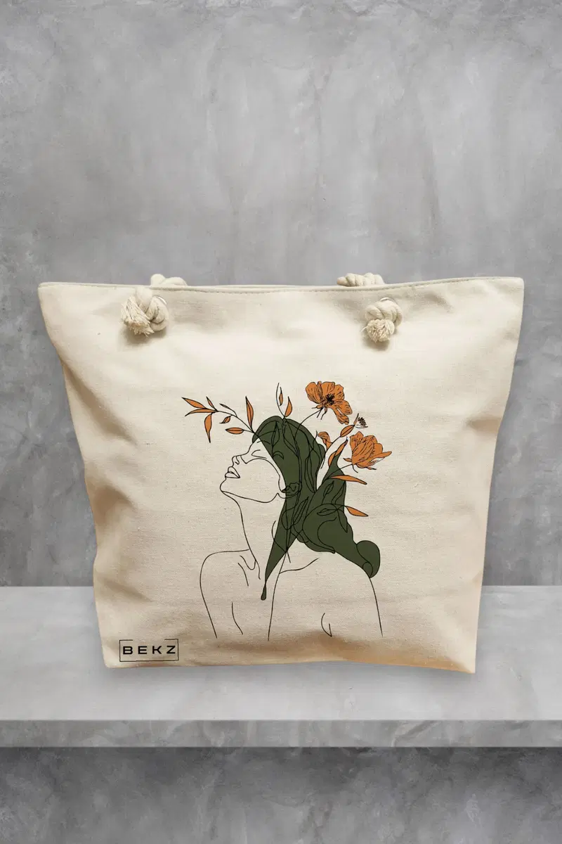 Geanta de Plaja Canvas Tote pentru femei, Flower Lady 14, 40x51 cm, Bej, BEKZ®