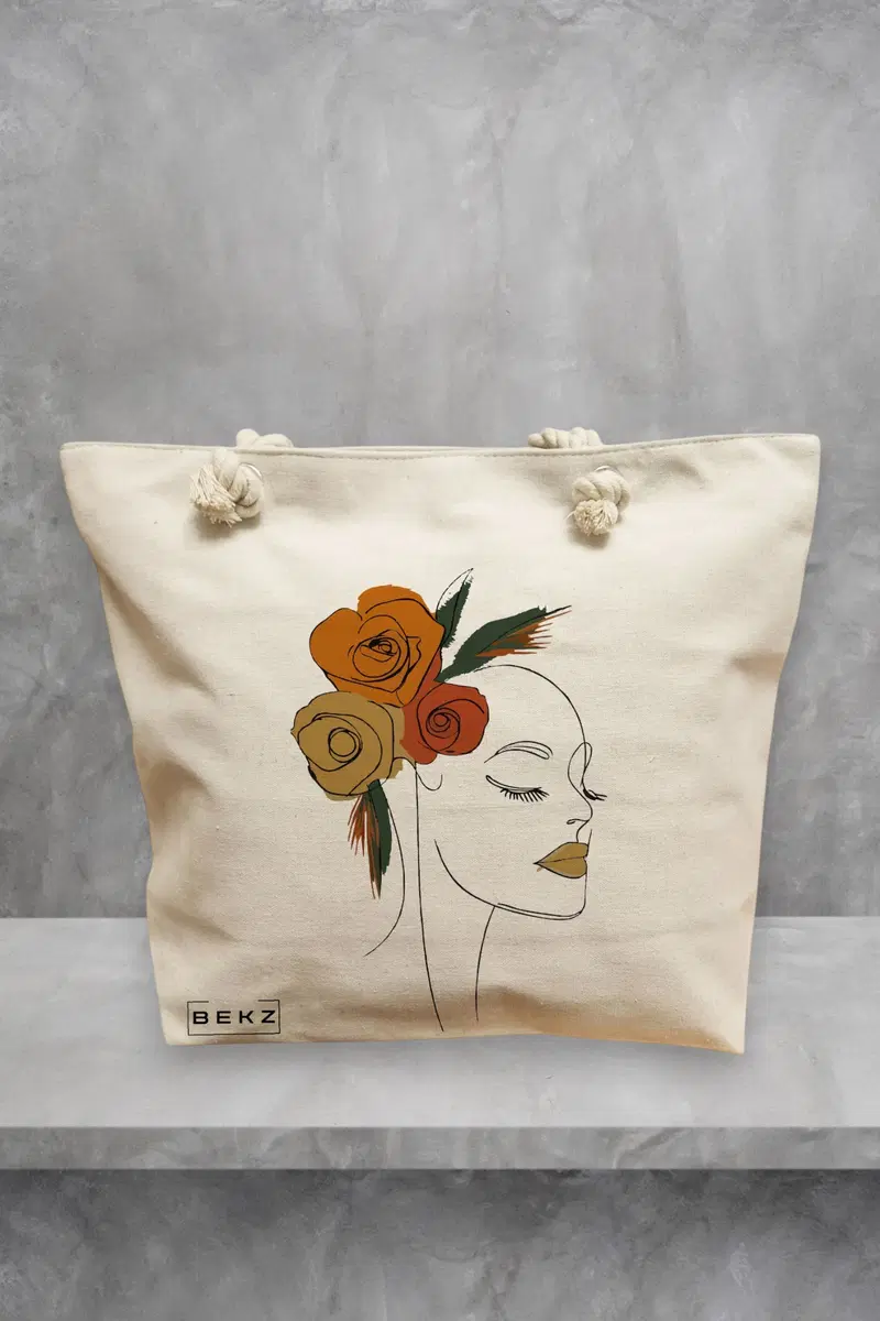 Geanta de Plaja Canvas Tote pentru femei, Flower Lady 15, 40x51 cm, Bej, BEKZ®
