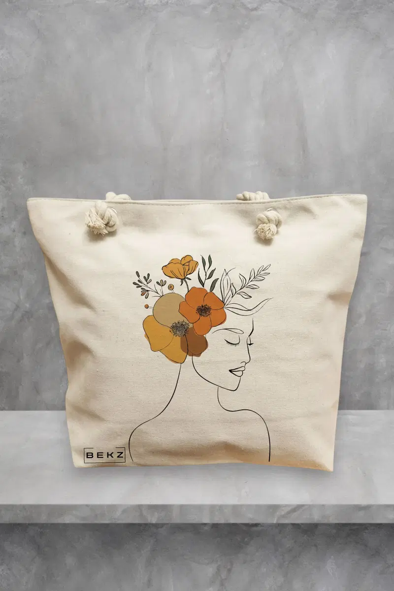 Geanta de Plaja Canvas Tote pentru femei, Flower Lady 16, 40x51 cm, Bej, BEKZ®