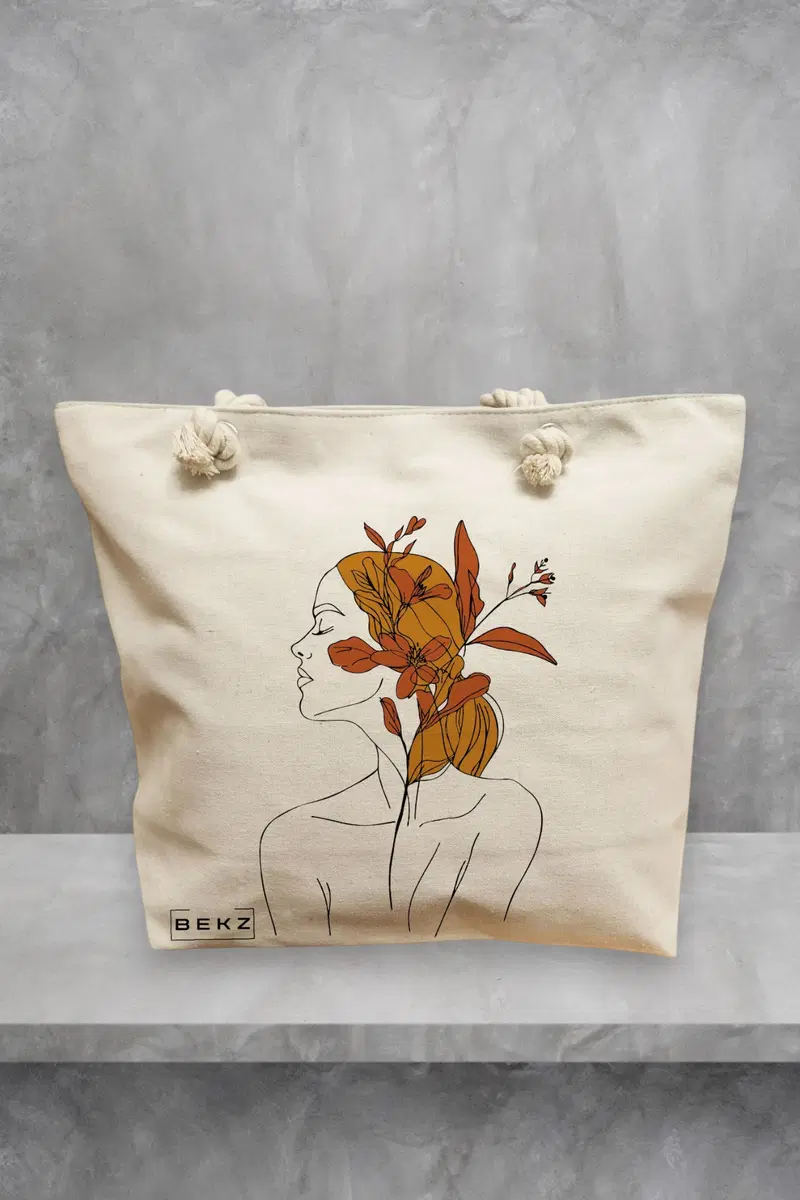 Geanta de Plaja Canvas Tote pentru femei, Flower Lady 17, 40x51 cm, Bej, BEKZ®