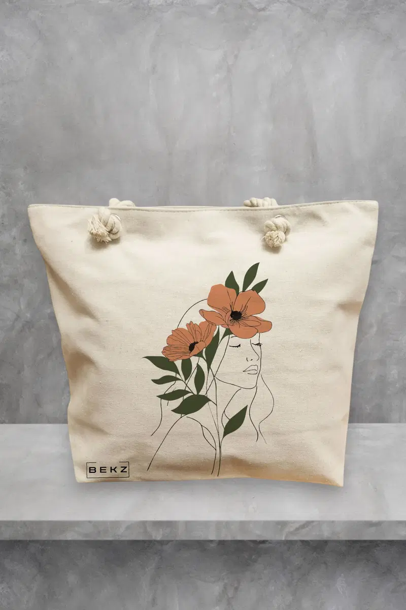 Geanta de Plaja Canvas Tote pentru femei, Flower Lady 18, 40x51 cm, Bej, BEKZ®