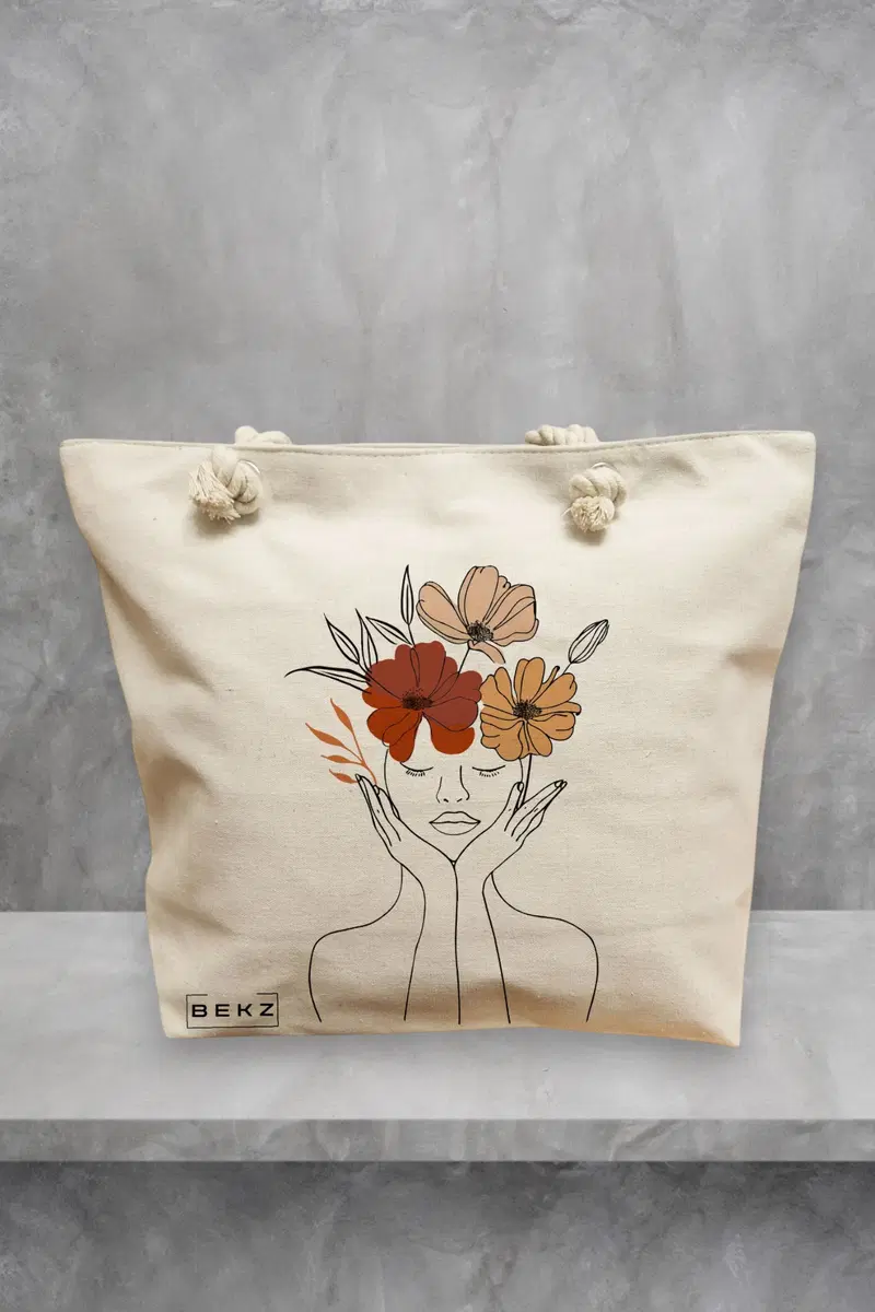 Geanta de Plaja Canvas Tote pentru femei, Flower Lady 19, 40x51 cm, Bej, BEKZ®