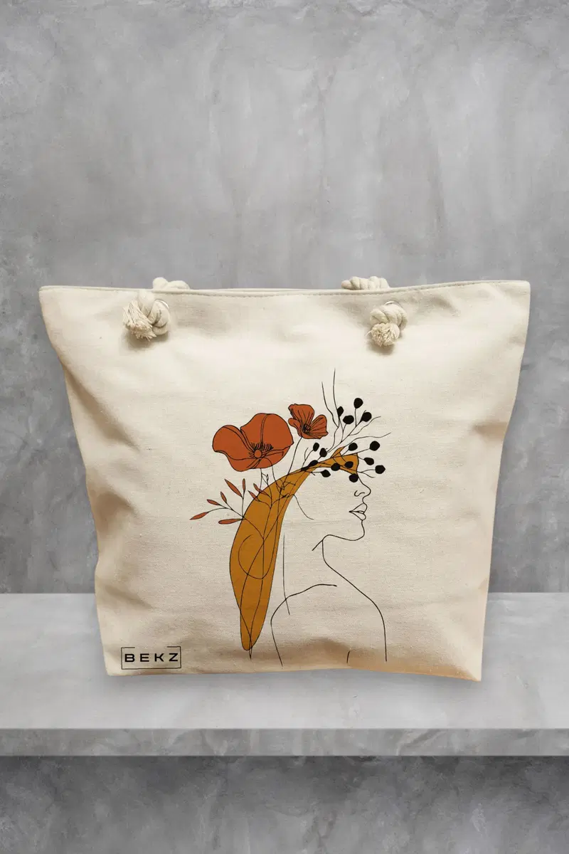 Geanta de Plaja Canvas Tote pentru femei, Flower Lady 20, 40x51 cm, Bej, BEKZ®