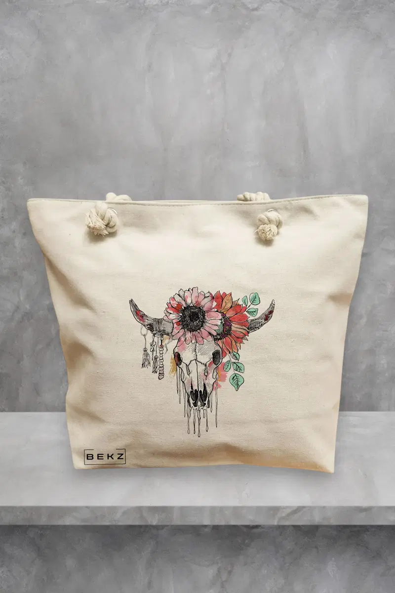 Geanta de Plaja Canvas Tote pentru femei, Cu Design Floral, 40x51 cm, Bej, BEKZ®