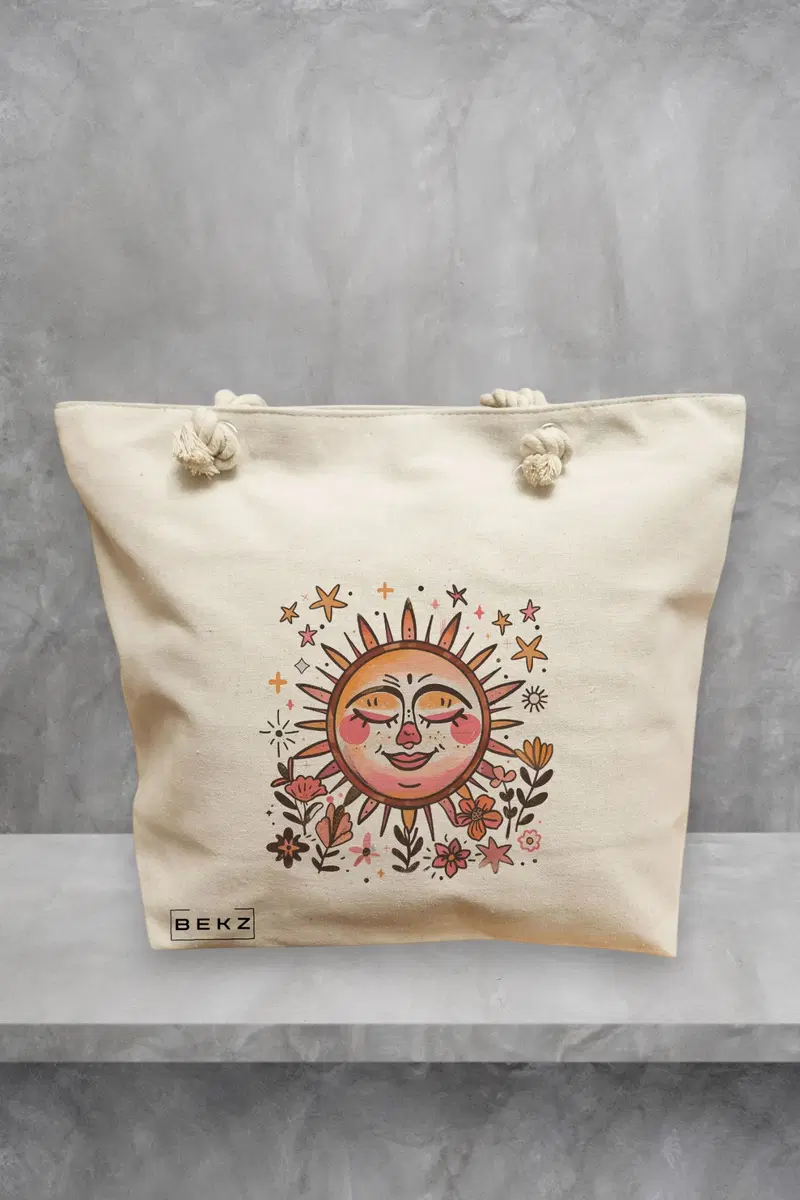 Geanta de Plaja Canvas Tote pentru femei Happy Sun, 40x51 cm, Bej, BEKZ®
