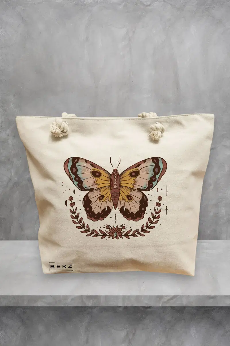 Geanta de Plaja Canvas Tote pentru femei Brown Butterfly, 40x51 cm, Bej, BEKZ®
