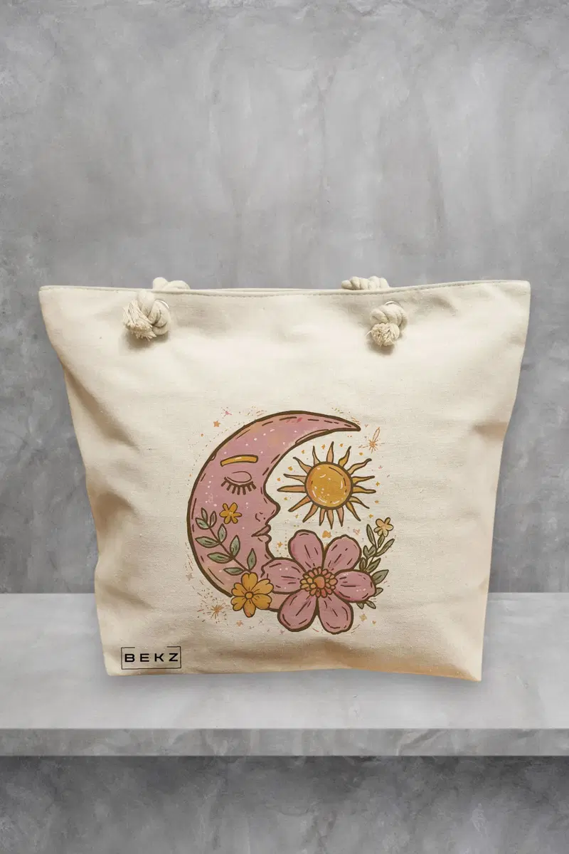 Geanta de Plaja Canvas Tote pentru femei Sunny Moon, 40x51 cm, Bej, BEKZ®