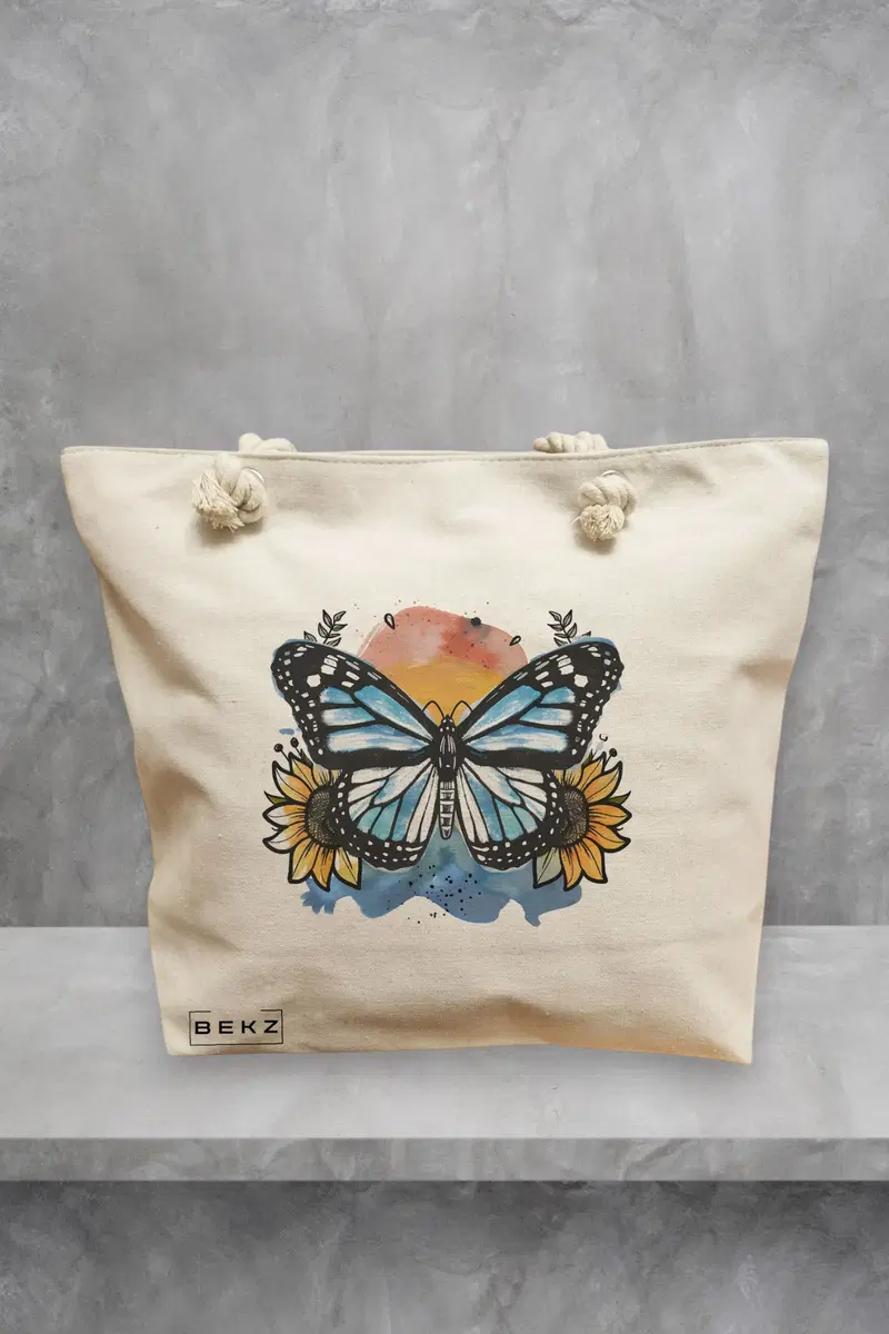 Geanta de Plaja Canvas Tote pentru femei Blue Butterfly, 40x51 cm, Bej, BEKZ®