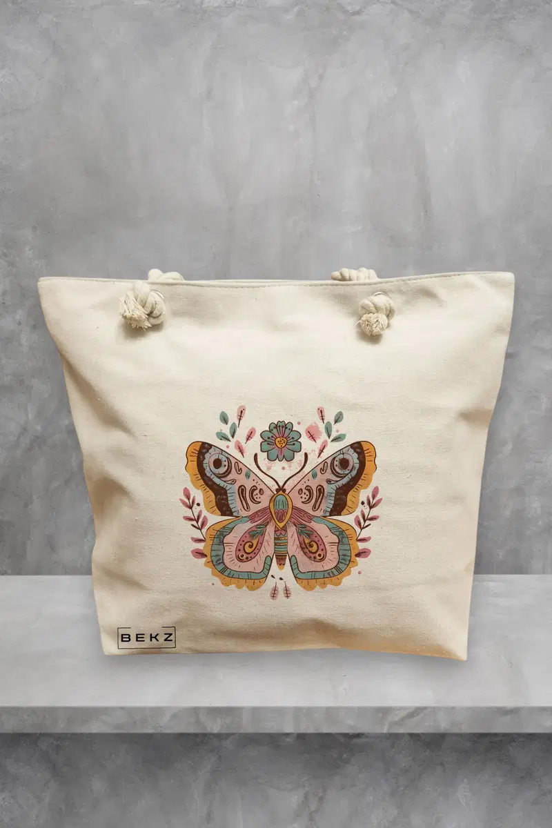 Geanta de Plaja Canvas Tote pentru femei Flower Butterfly, 40x51 cm, Bej, BEKZ®