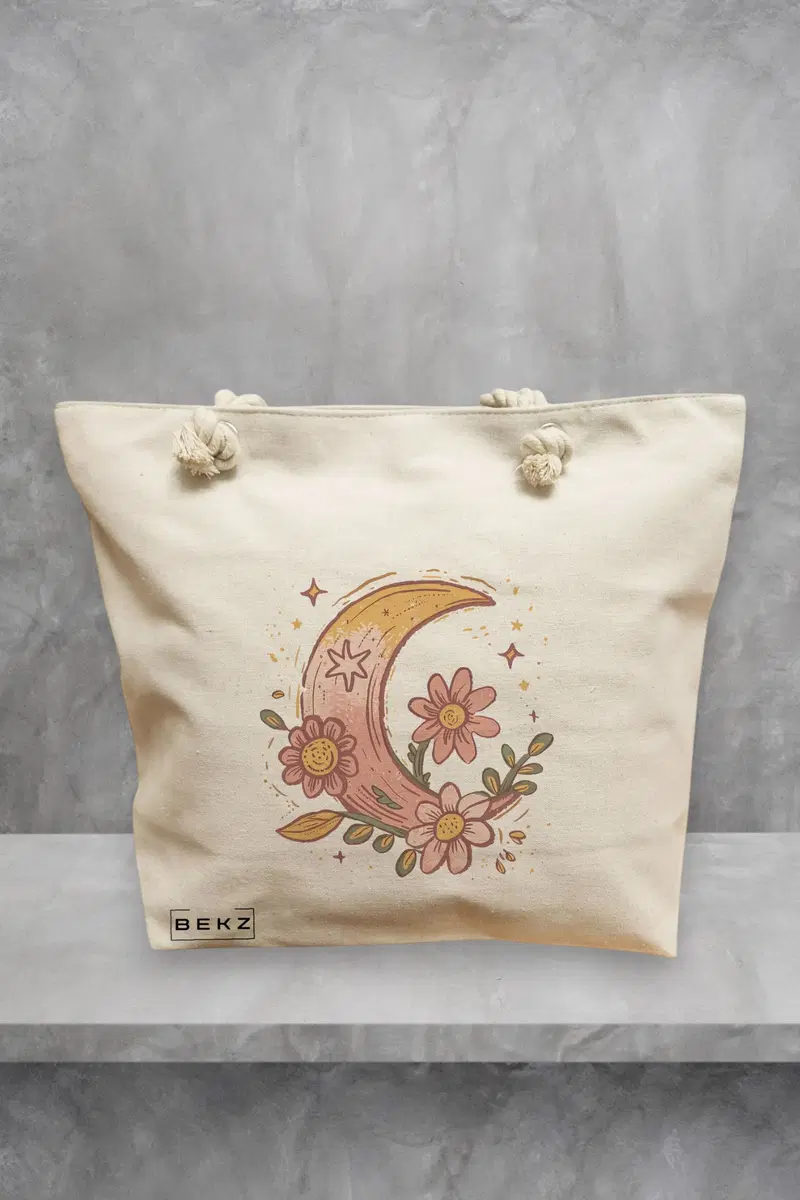 Geanta de Plaja Canvas Tote pentru femei Moon Flower, 40x51 cm, Bej, BEKZ®