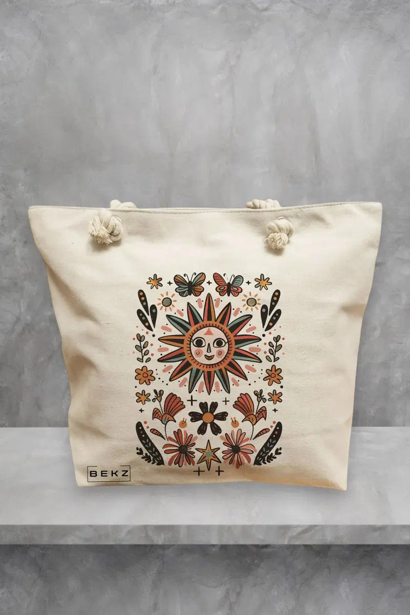 Geanta de Plaja Canvas Tote pentru femei Happy Sun 3, 40x51 cm, Bej, BEKZ®