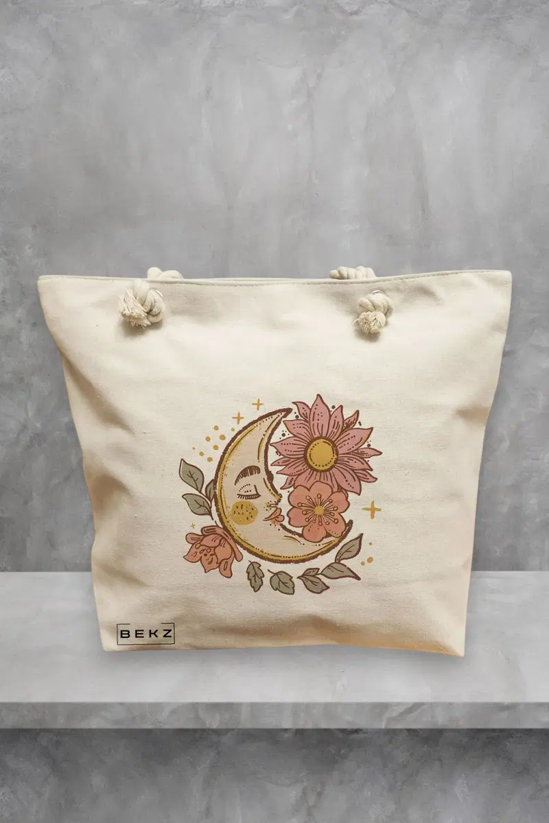 Geanta de Plaja Canvas Tote pentru femei Moon Flowers, 40x51 cm, Bej, BEKZ®