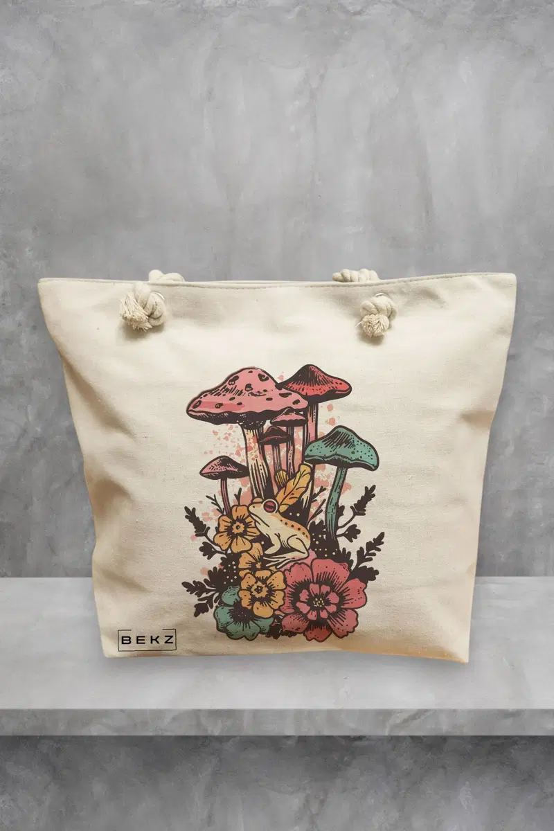 Geanta de Plaja Canvas Tote pentru femei Colorful Mushrooms, 40x51 cm, Bej, BEKZ®