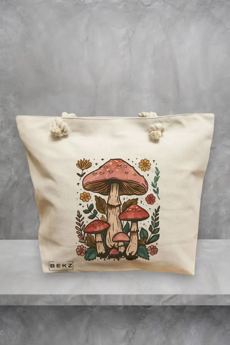Geanta de Plaja Canvas Tote pentru femei Colorful Mushrooms 2, 40x51 cm, Bej, BEKZ®