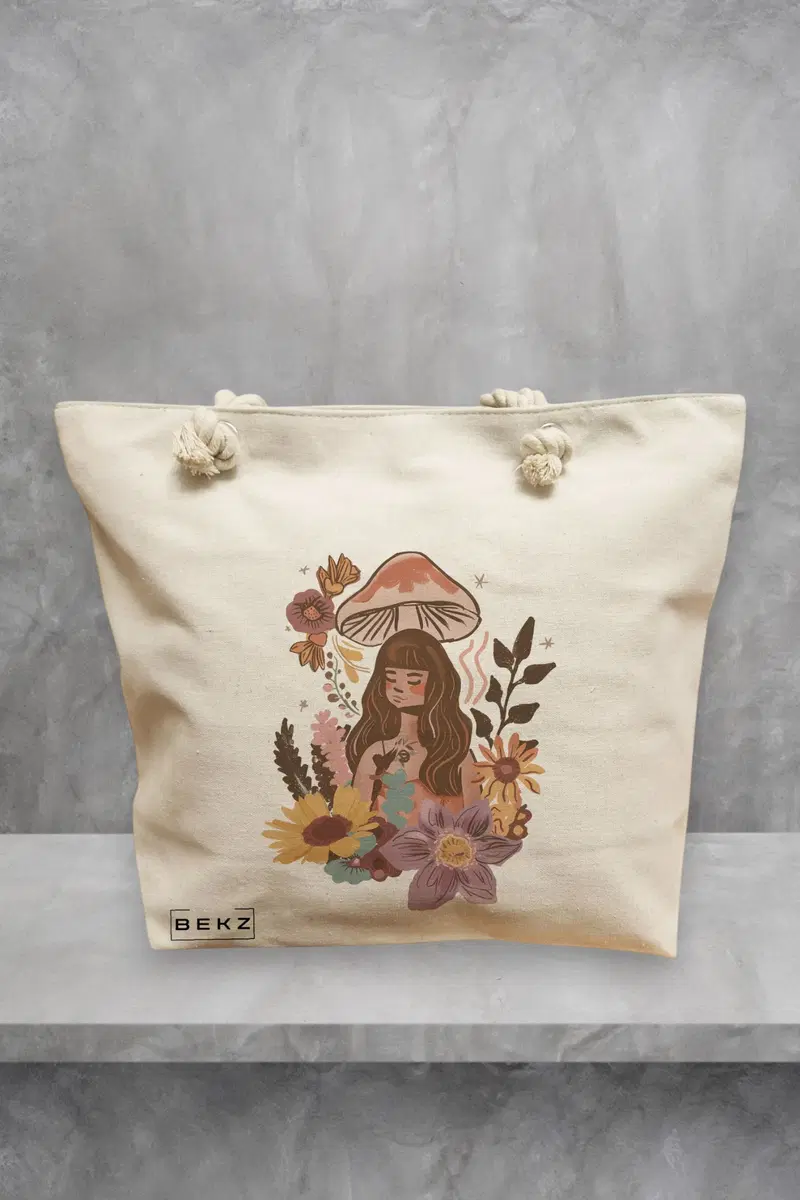 Geanta de Plaja Canvas Tote pentru femei Colorful Mushrooms 3, 40x51 cm, Bej, BEKZ®
