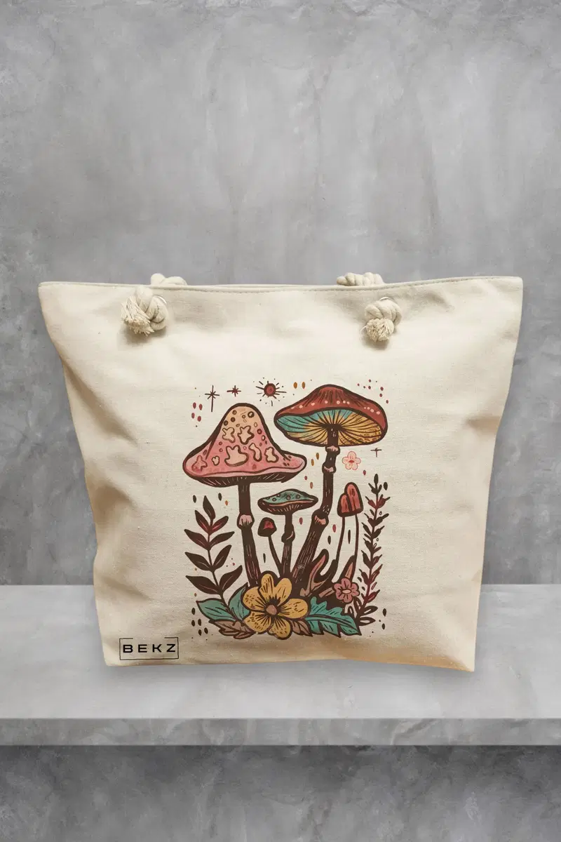Geanta de Plaja Canvas Tote pentru femei Colorful Mushrooms 4, 40x51 cm, Bej, BEKZ®