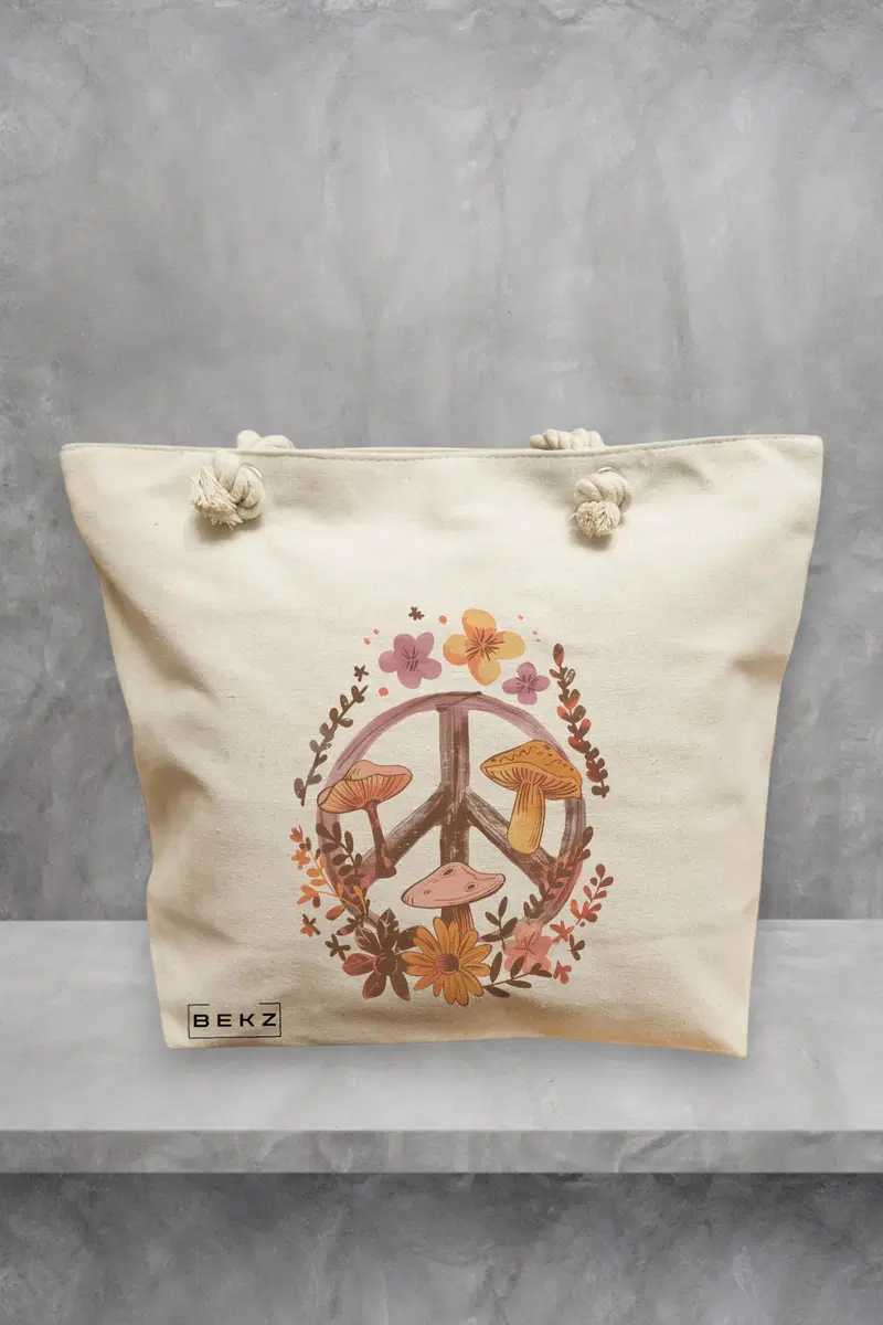 Geanta de Plaja Canvas Tote pentru femei Colorful Mushrooms 5, 40x51 cm, Bej, BEKZ®