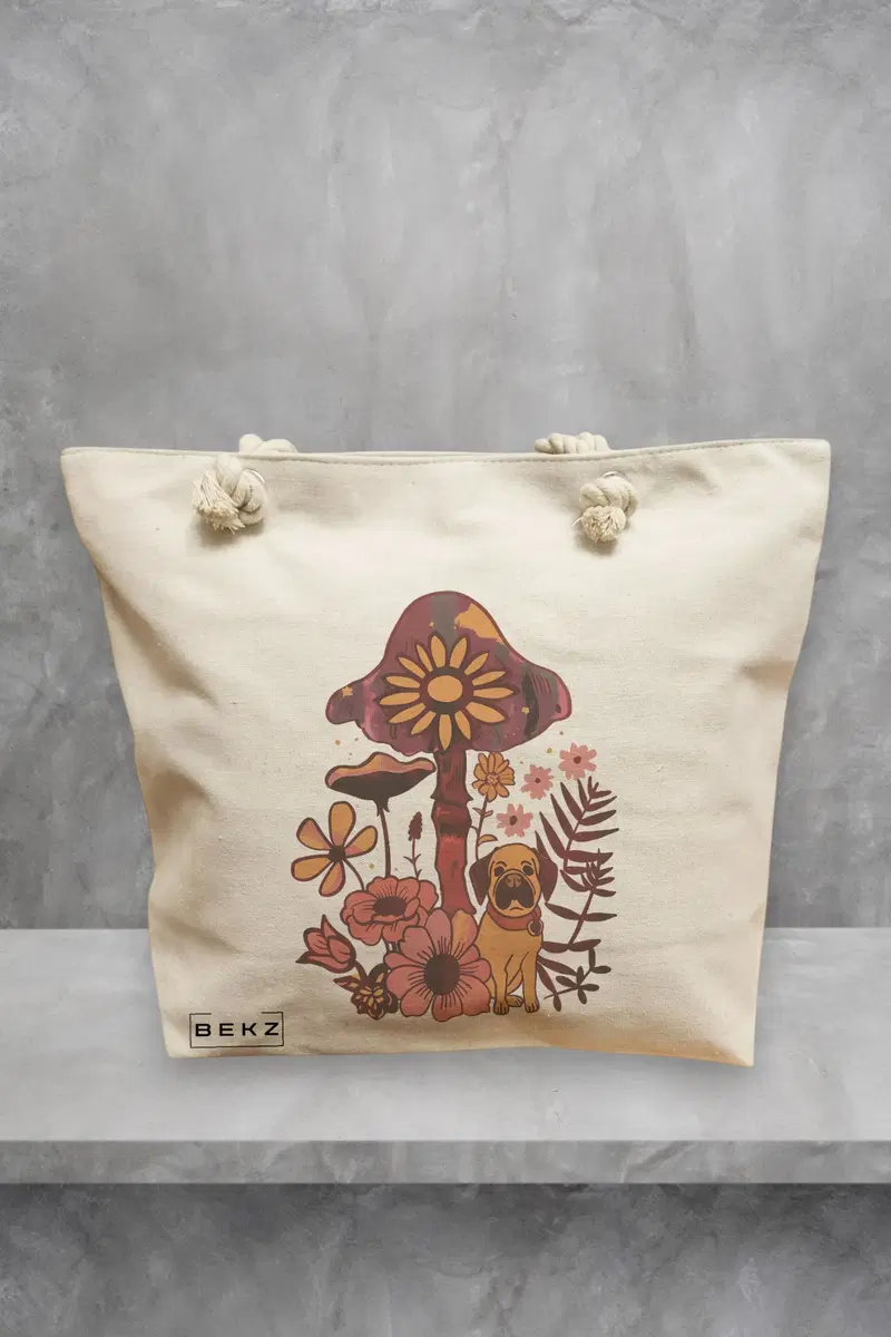 Geanta de Plaja Canvas Tote pentru femei Colorful Mushrooms 6, 40x51 cm, Bej, BEKZ®