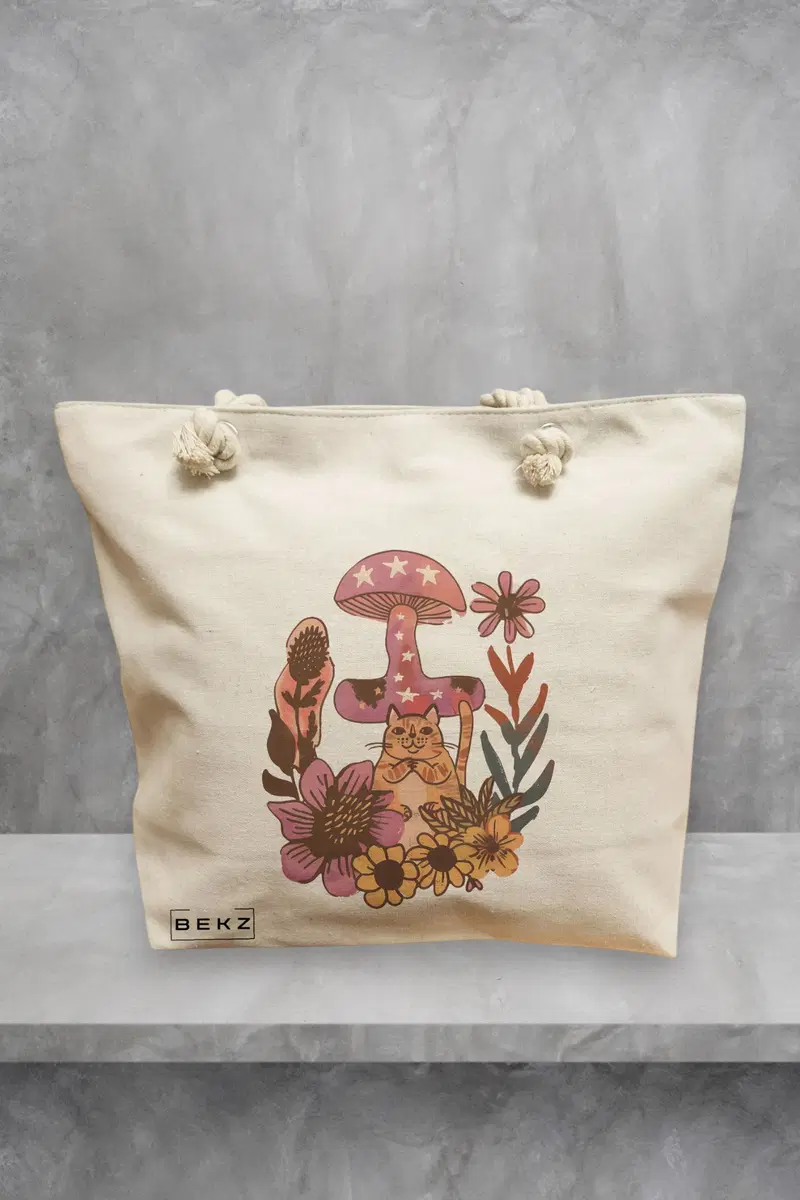 Geanta de Plaja Canvas Tote pentru femei Colorful Mushrooms 7, 40x51 cm, Bej, BEKZ®