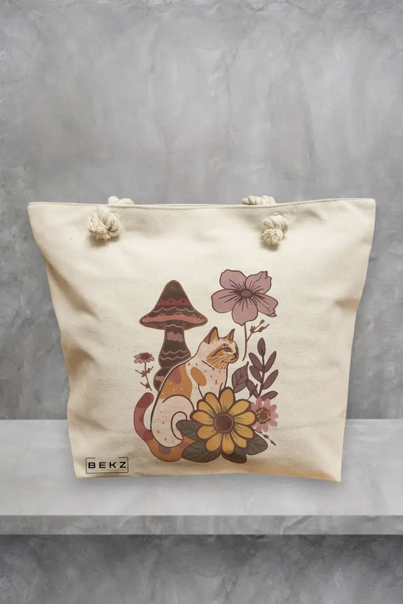 Geanta de Plaja Canvas Tote pentru femei Colorful Mushrooms 8, 40x51 cm, Bej, BEKZ®