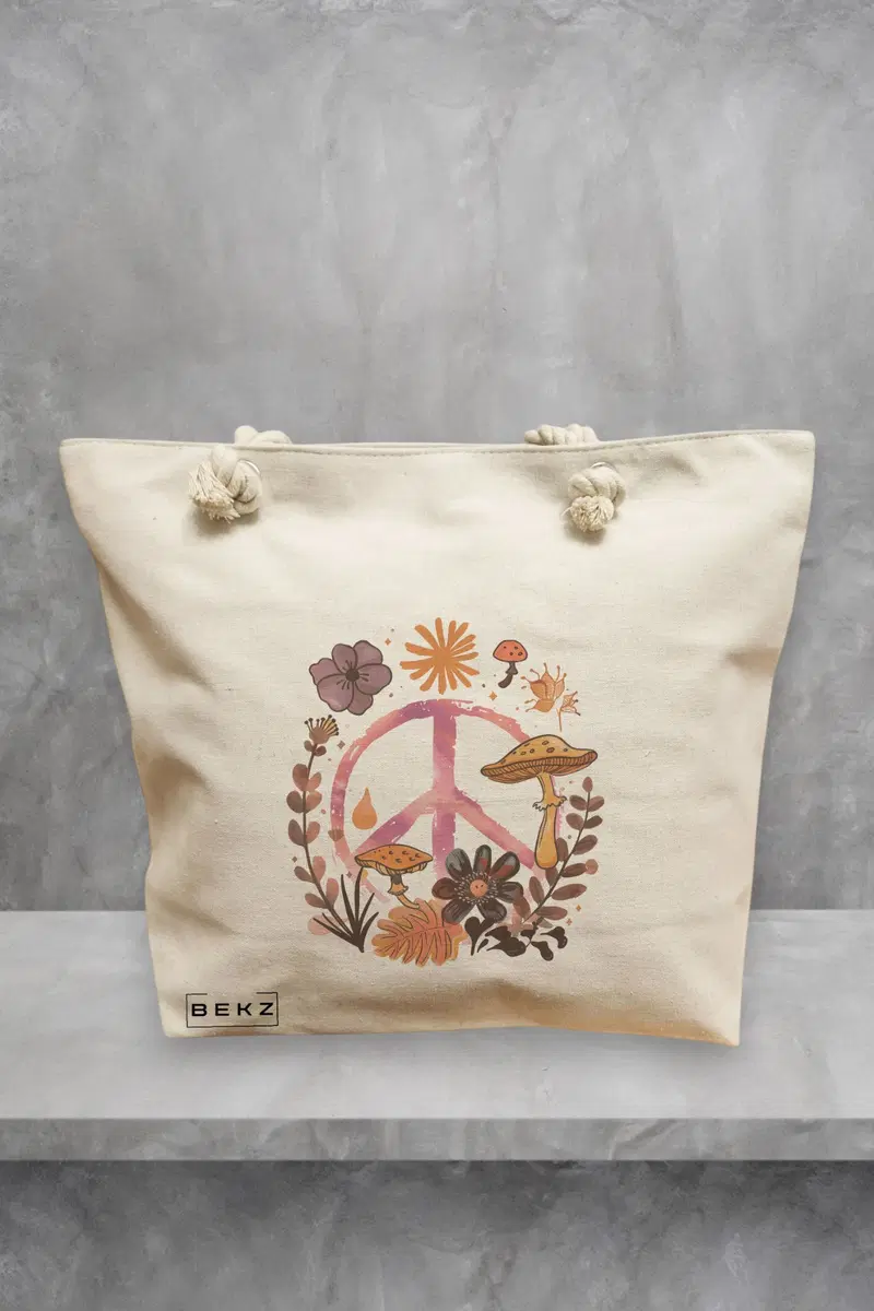Geanta de Plaja Canvas Tote pentru femei Colorful Mushrooms 9, 40x51 cm, Bej, BEKZ®