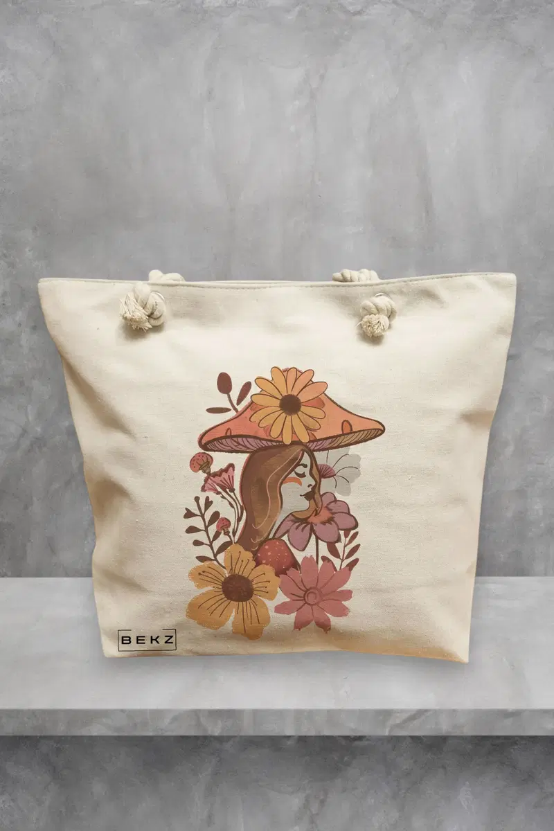 Geanta de Plaja Canvas Tote pentru femei Colorful Mushrooms 10, 40x51 cm, Bej, BEKZ®