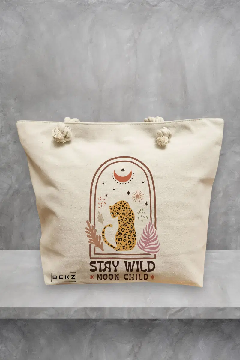 Geanta de Plaja Canvas Tote pentru femei Boho Style 2, 40x51 cm, Bej, BEKZ®