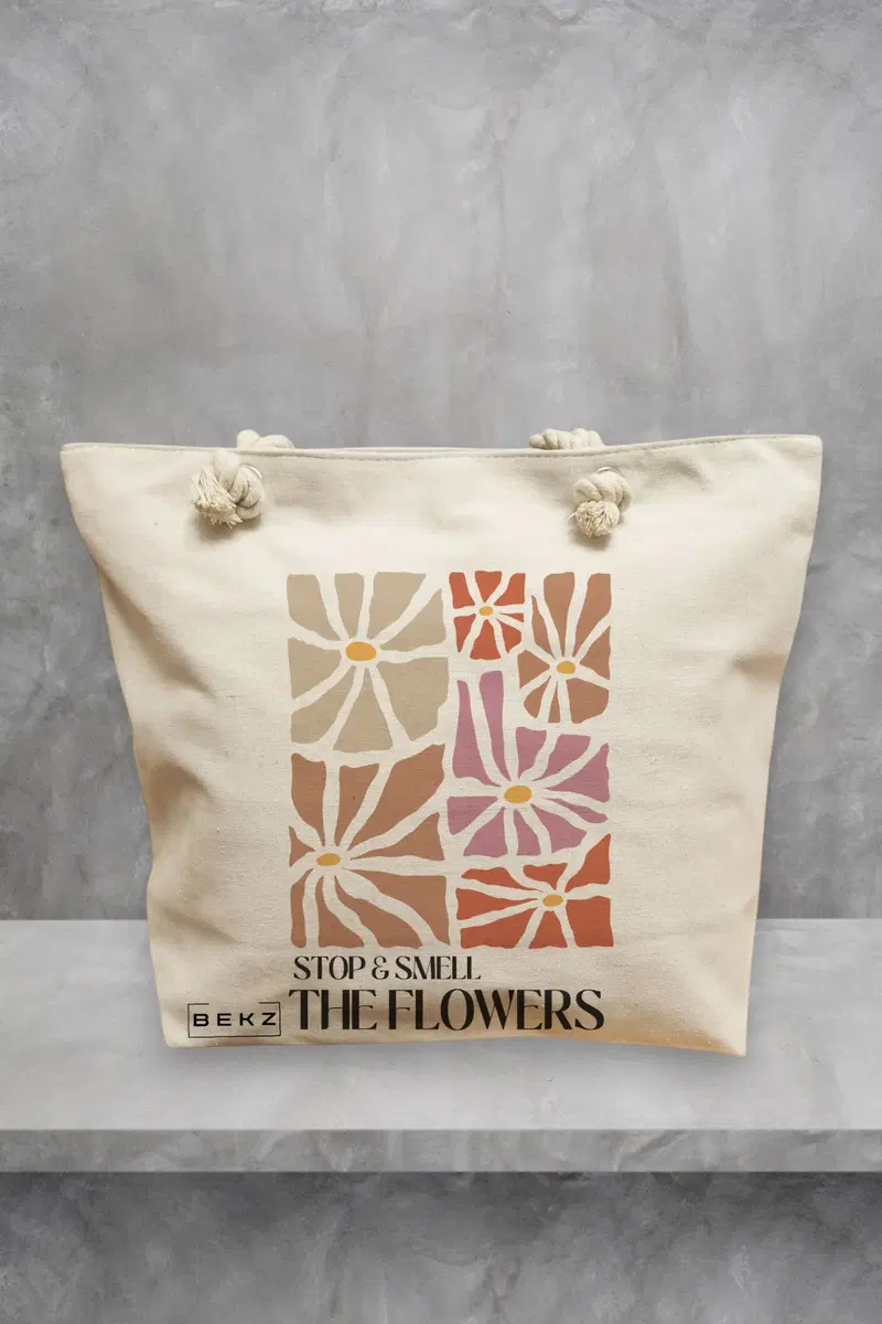 Geanta de Plaja Canvas Tote pentru femei Boho Style 3, 40x51 cm, Bej, BEKZ®