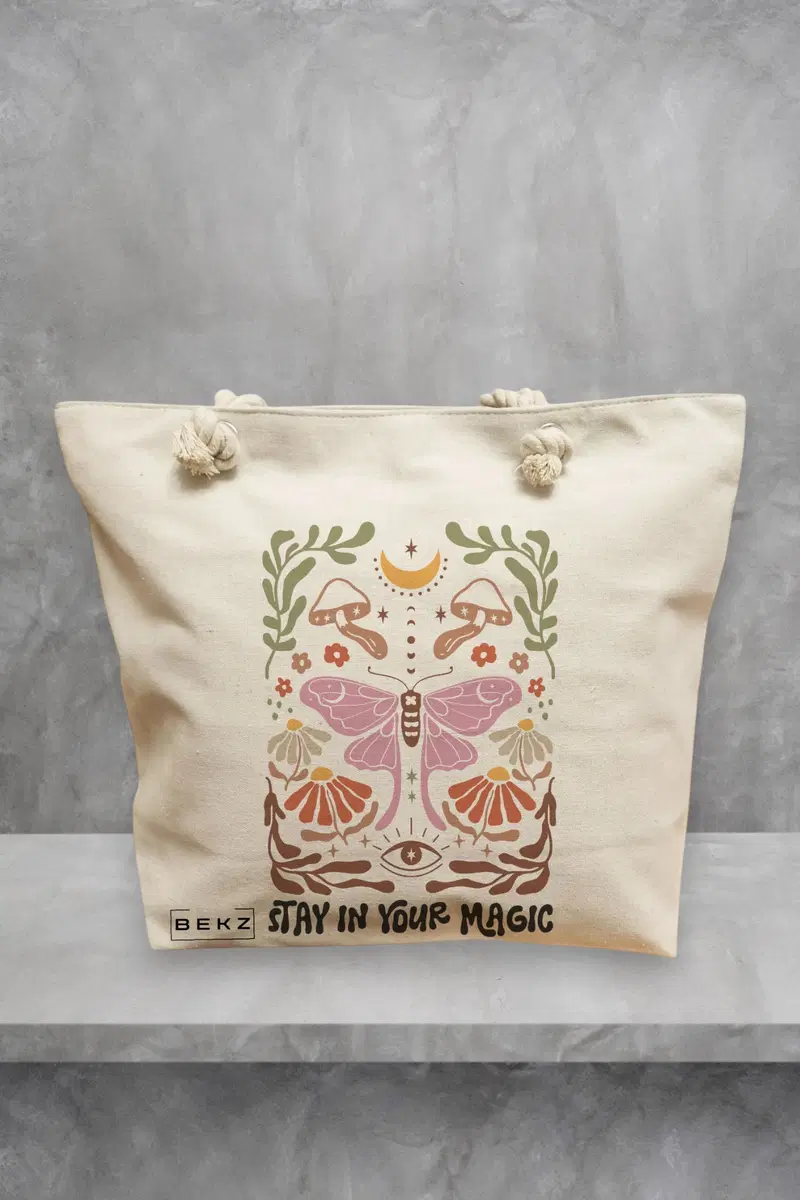 Geanta de Plaja Canvas Tote pentru femei Boho Style 4, 40x51 cm, Bej, BEKZ®