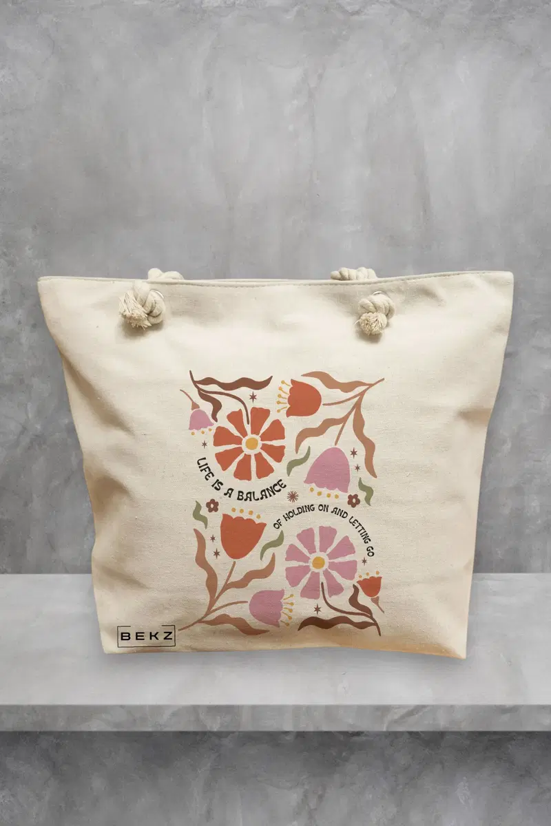 Geanta de Plaja Canvas Tote pentru femei Boho Style 7, 40x51 cm, Bej, BEKZ®