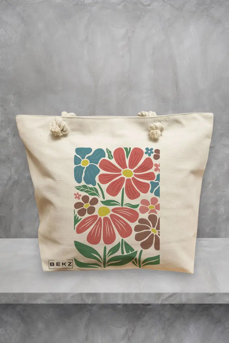 Geanta de Plaja Canvas Tote pentru femei Boho Style 8, 40x51 cm, Bej, BEKZ®