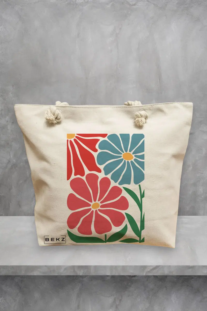 Geanta de Plaja Canvas Tote pentru femei Boho Style 9, 40x51 cm, Bej, BEKZ®