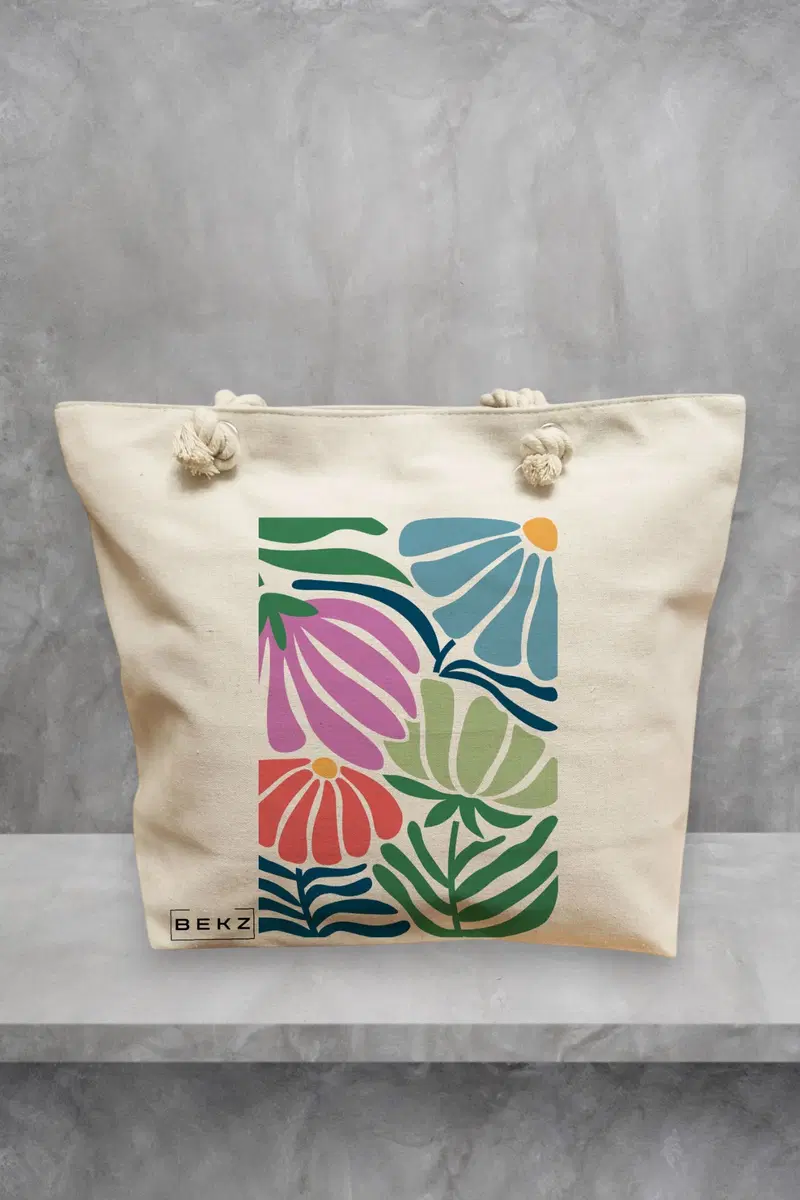 Geanta de Plaja Canvas Tote pentru femei Boho Style 10, 40x51 cm, Bej, BEKZ®
